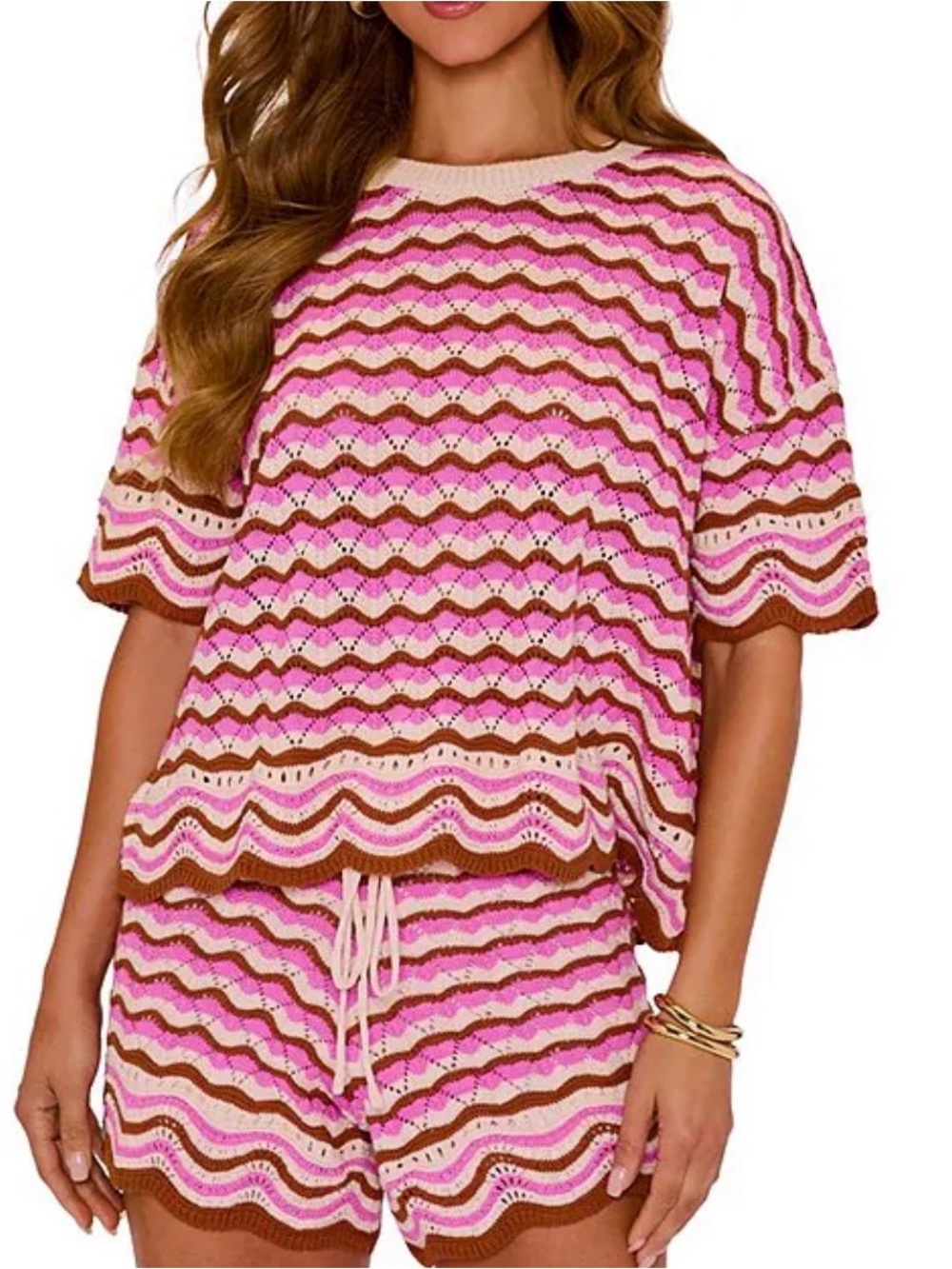 Vici Pink & Brown High-Waist Knit Wave Shorts